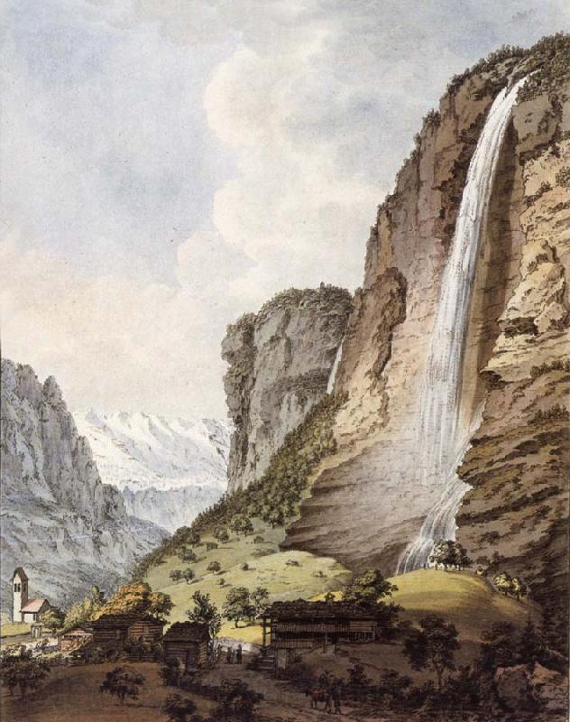 Johann Ludwig Aberli Fall d-eau apellee Staubbach in the Vallee Louterbrunen Germany oil painting art